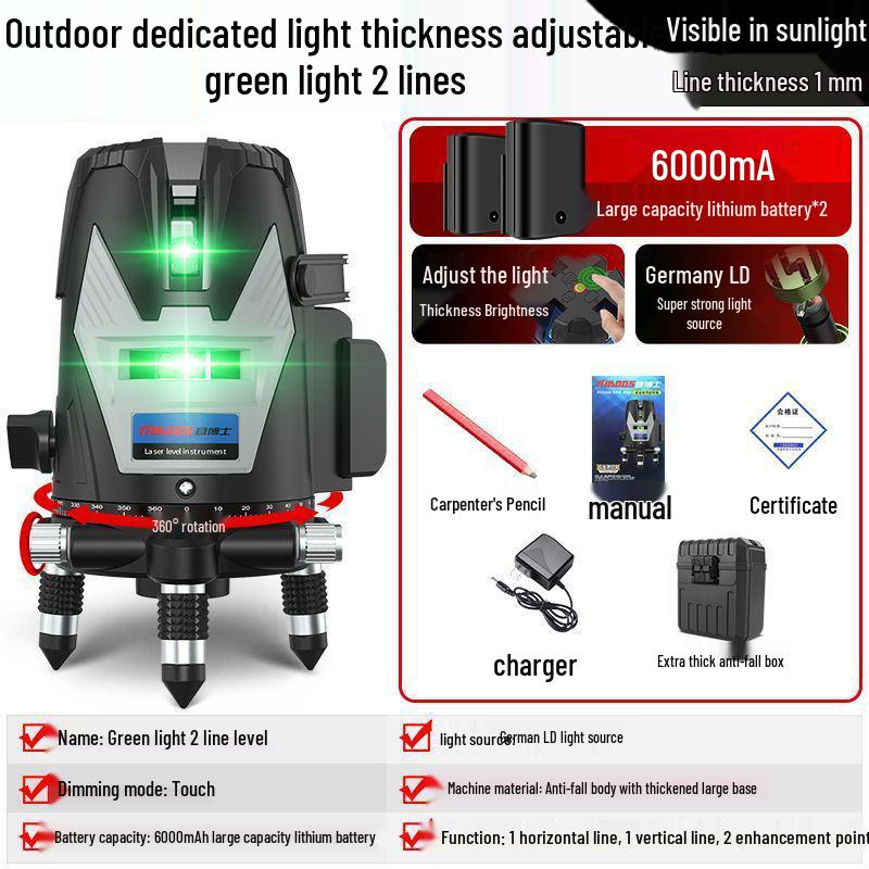 Vysoce přesná infračervená 5-liniová laserová vodováha pro stěnu a podlahu, samonivelační, zelené světlo, pro venkovní použití