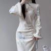 Elegant Velvet Cheongsam-Style Winter Dress for Women - Waist-Cinched, Printed, Hollow, Long Sleeve Slim Fit