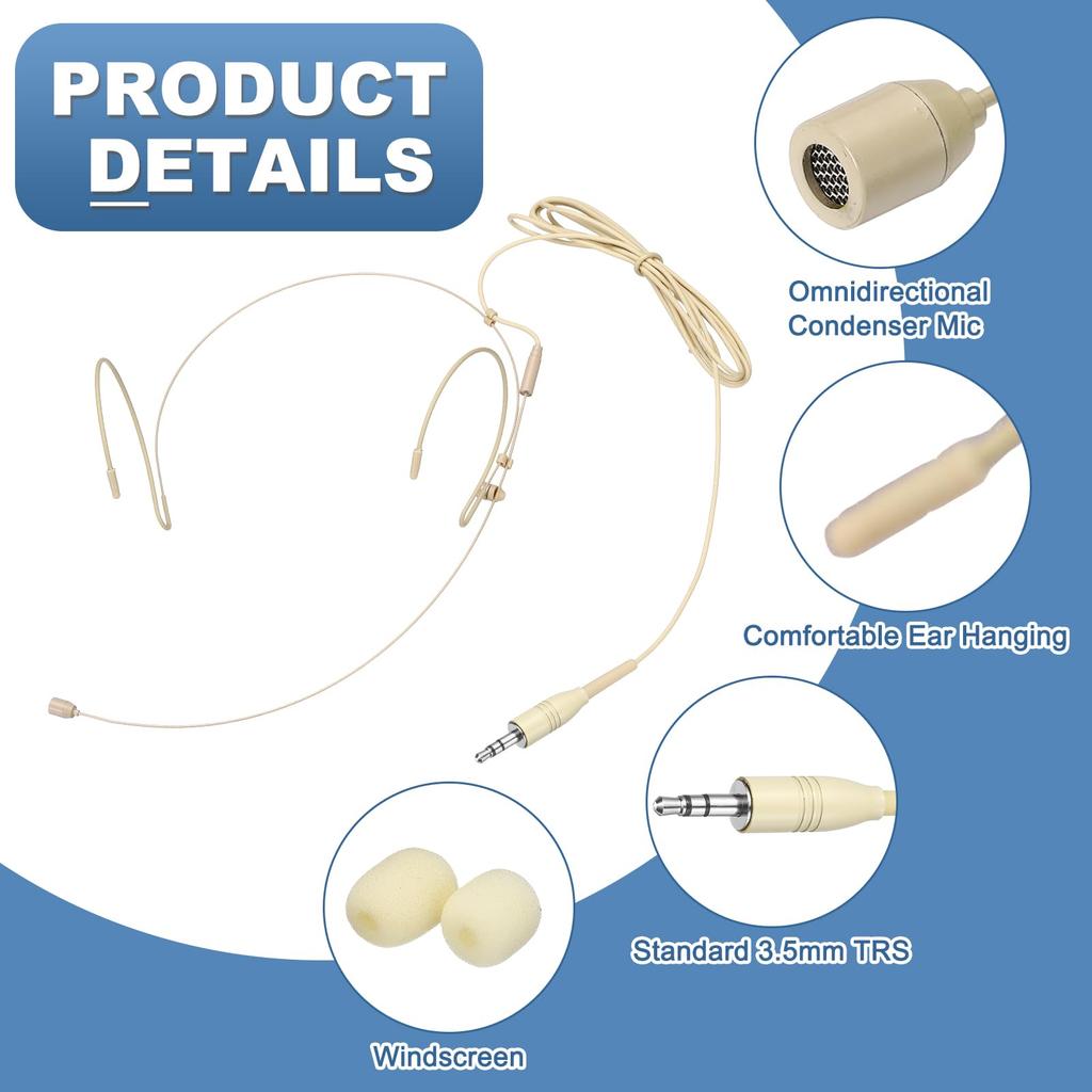 uxcell Earhook Headset Microphone, Double Over-Ear Omnidirectional Wired Condenser Microphone with Standard 3.5mm TRS Plug, 1.2m Cable, Beige