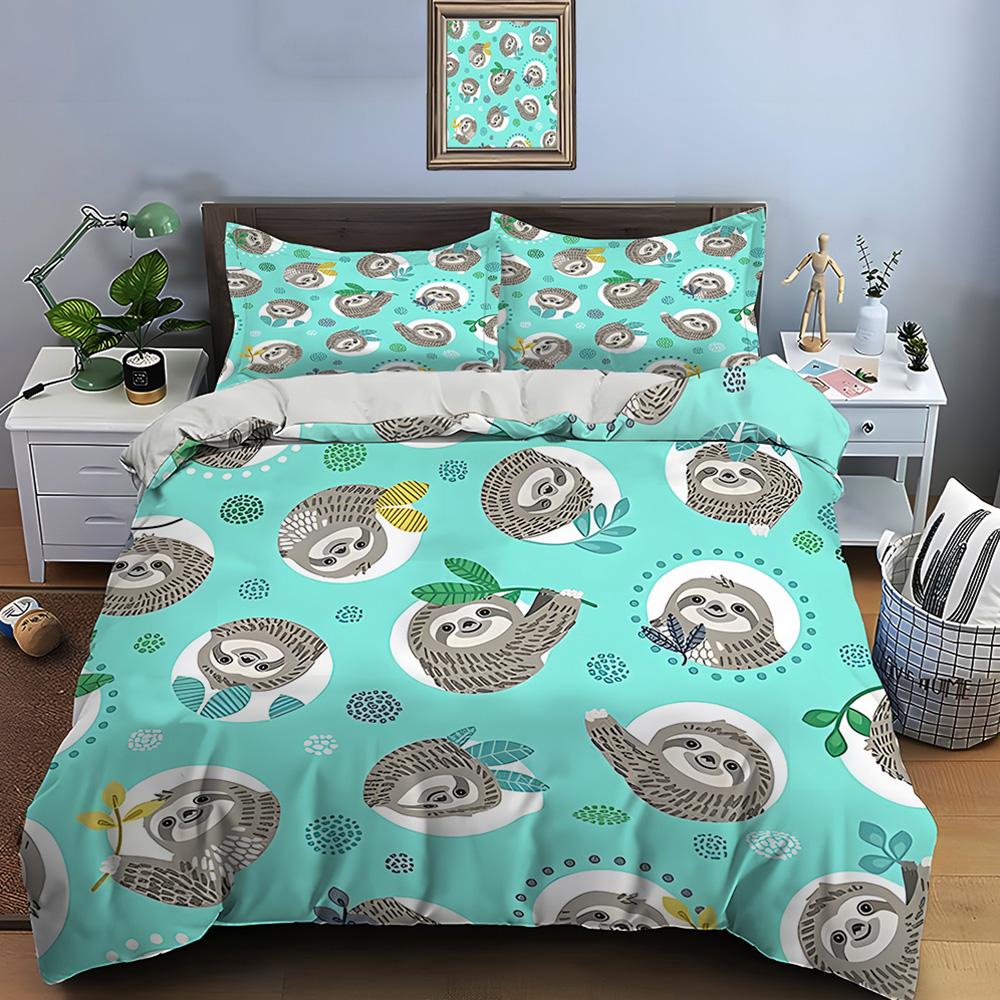 Cartoon Sloths With Leaf Designs Print Bedding Set 1 Duvet Cover 2 Pillowcases For Adult And Children Luxury Gift Full Size