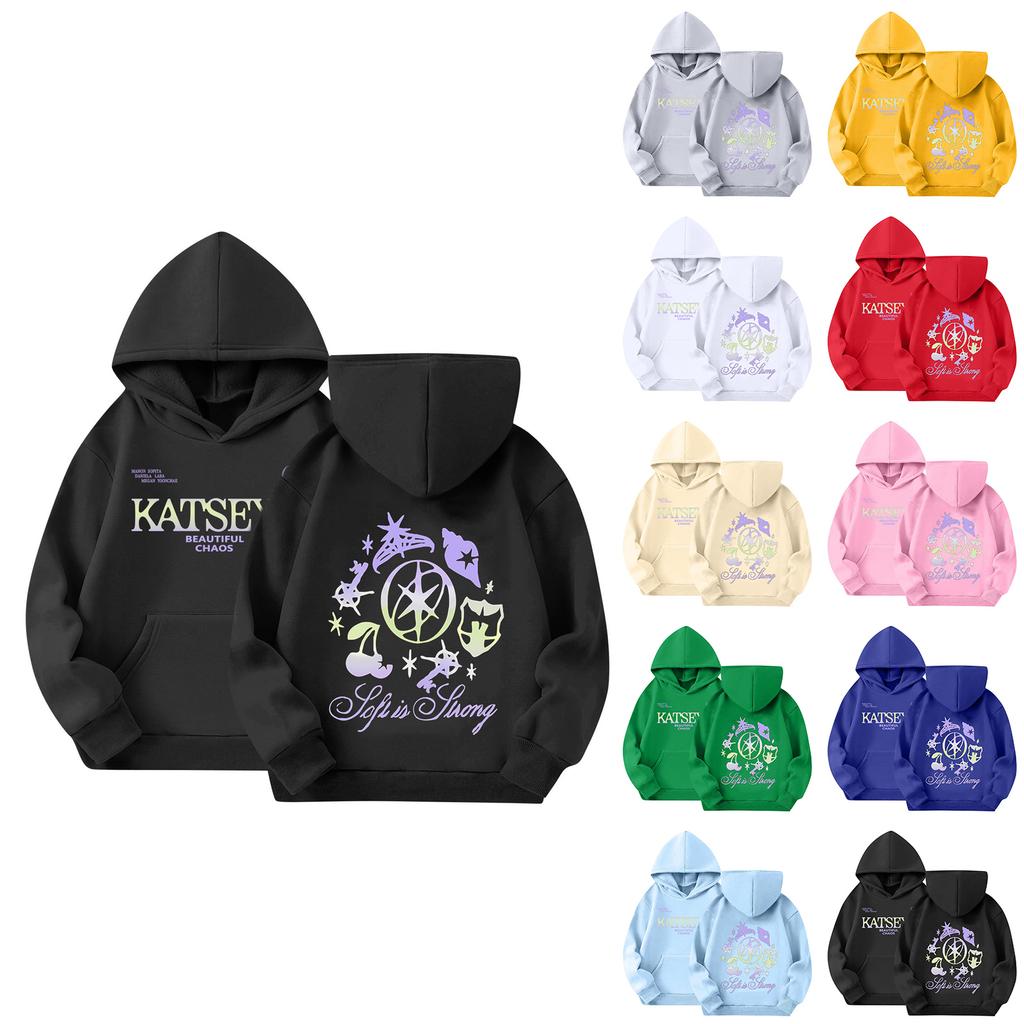 Pulover larg cu mânecă lungă pentru copii, cu imprimeu de litere și glugă cu șnur