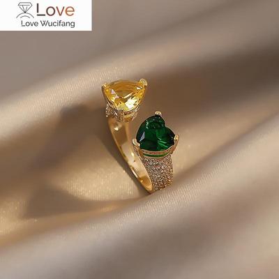 14K Real Gold Plating Korean New Design Fashion Jewelry Green  Love Heart Zircon Ring Elegant Women Luxury Wedding Party Rings
