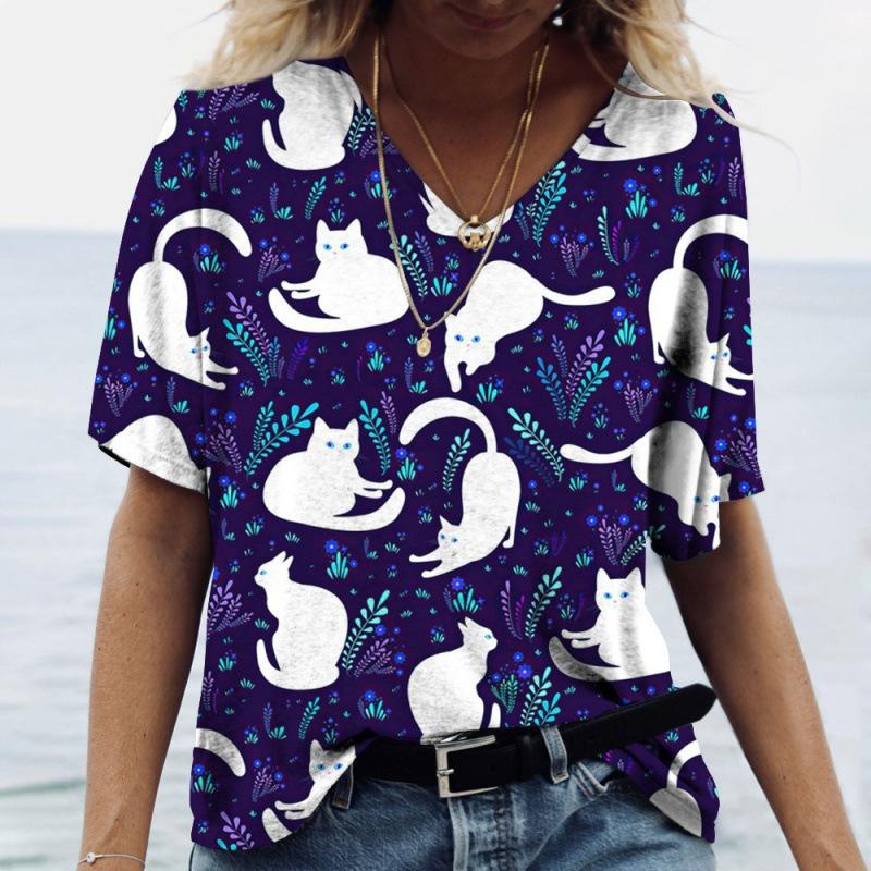T-shirt d'été à manches courtes et col en V pour femme, imprimé chat 3D, décontracté et tendance