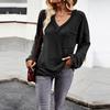 Autumn Winter Women Solid Color V Neck Knit Sweater Long Sleeve Top