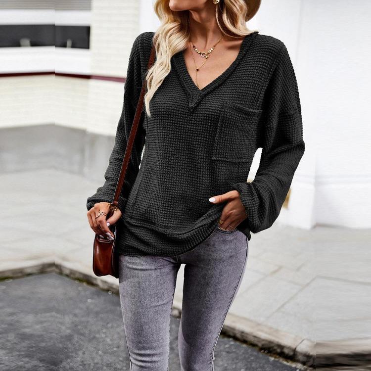 Autumn Winter Women Solid Color V Neck Knit Sweater Long Sleeve Top