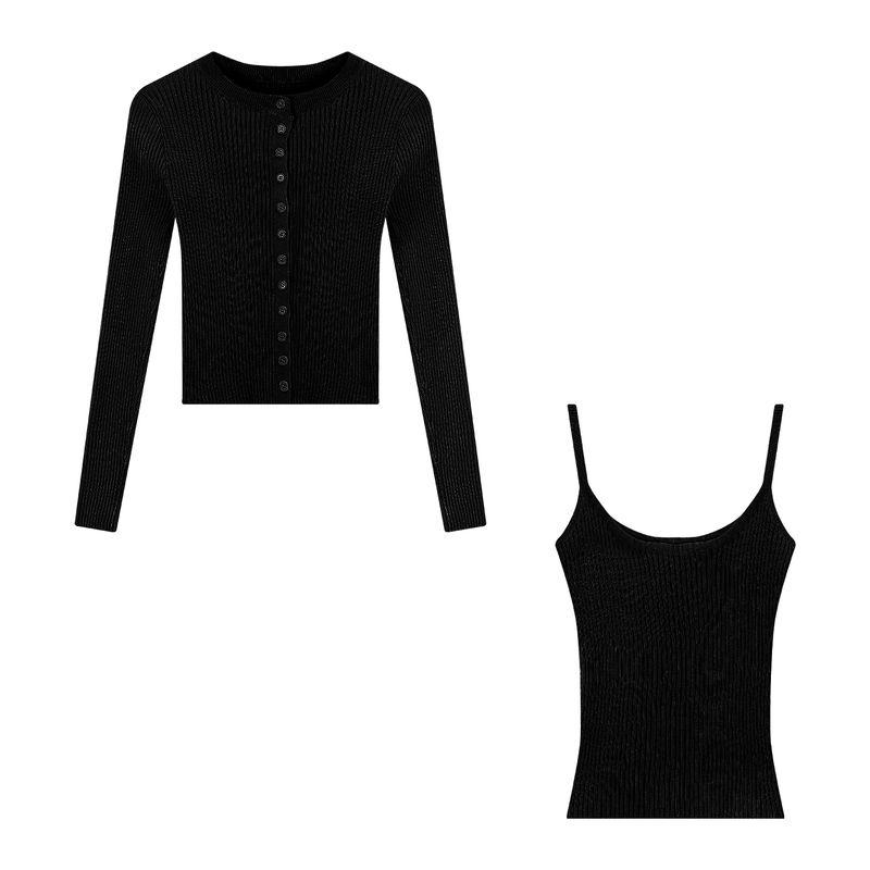 

Kumikumi Design Yellow Thin Section Long sleeve Knit Women Autumn Inner wear Slimming Vest Sling Two-piece Set Black Knitwear with Sling One size