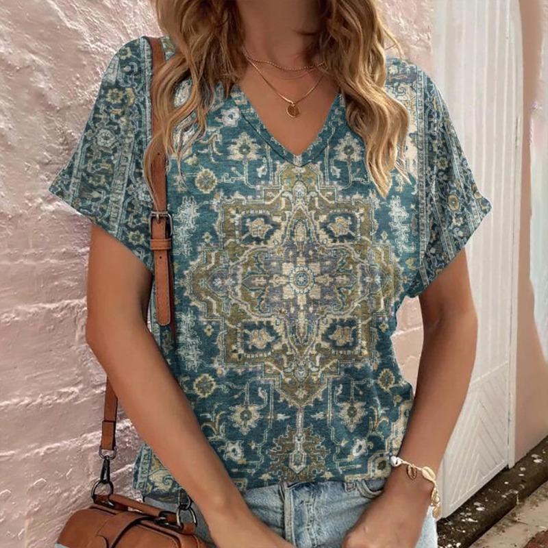 Casual Bohemian Print Women's Short Sleeve V-Neck Top T-Shirt
