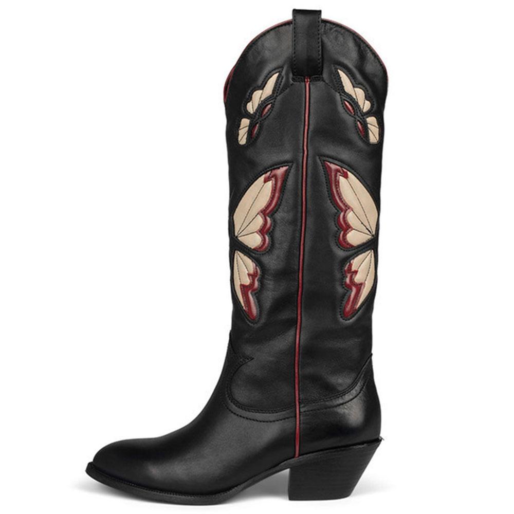 Fashion 2025 Brand New Big size 43 Red Butterfly Cowboy Boots for Women Black Vintage Slip On Cowgirls Knee High Boots Shoes
