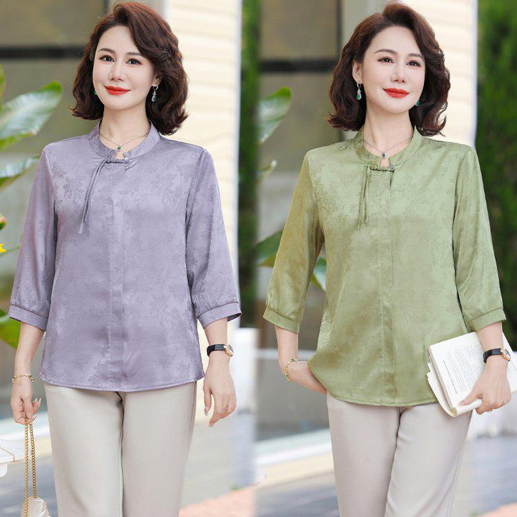 New Chinese Style Summer Blouse for Moms, National Design, Middle-Aged Women's Three-Quarter Sleeve Top for Spring/Summer.