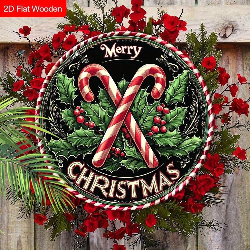2D Flat 1pc Christmas ‘'Cane Sugar Greens’' Logo Wooden Sign Decoration, Front Door Embossed Effect Wall Decoration, Suitable for Home, Garden Patio