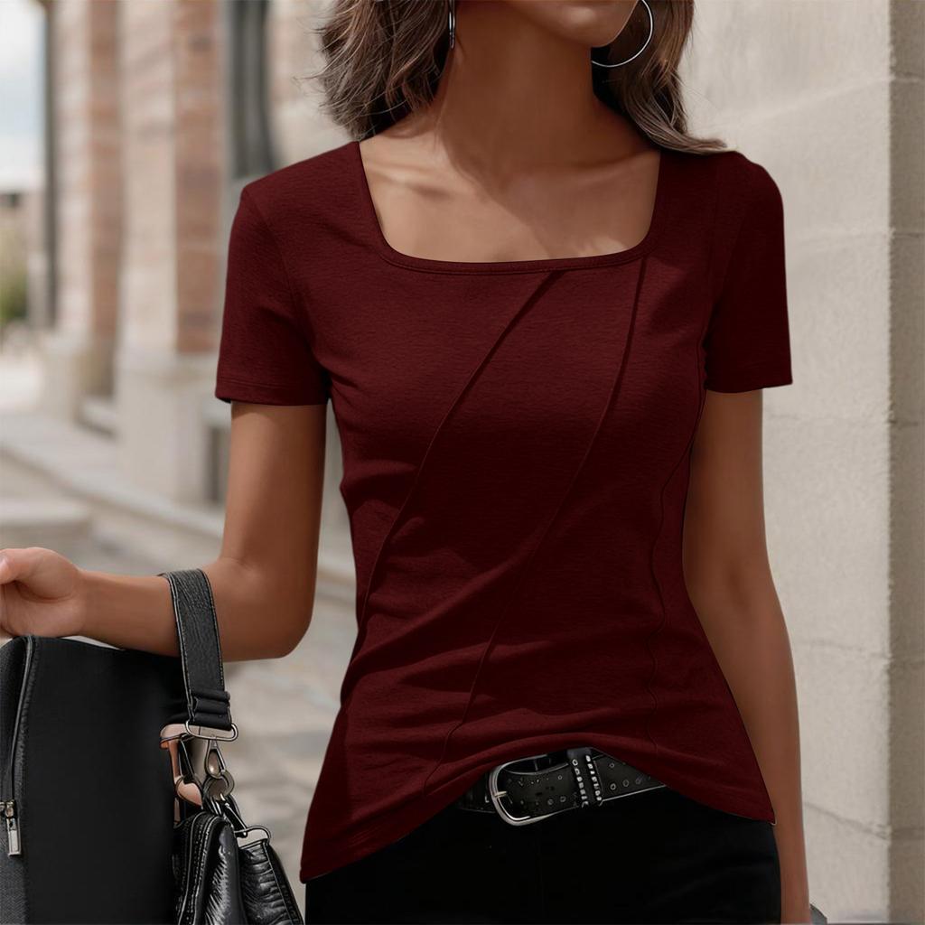 Women’s Fashion Elegant Square Neck Short Sleeve T-Shirt Top with Stripe for Casual and Office Wear