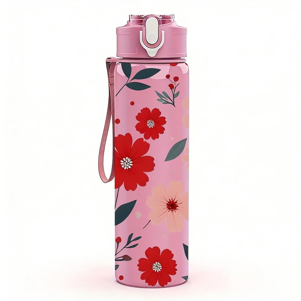 1PC Mixed Red Pink Wildflower Seamless Pattern 750ml Color Plastic Sports Water Bottle Leakproof Flip Straw Lid Suitable for Sports Office Home Use