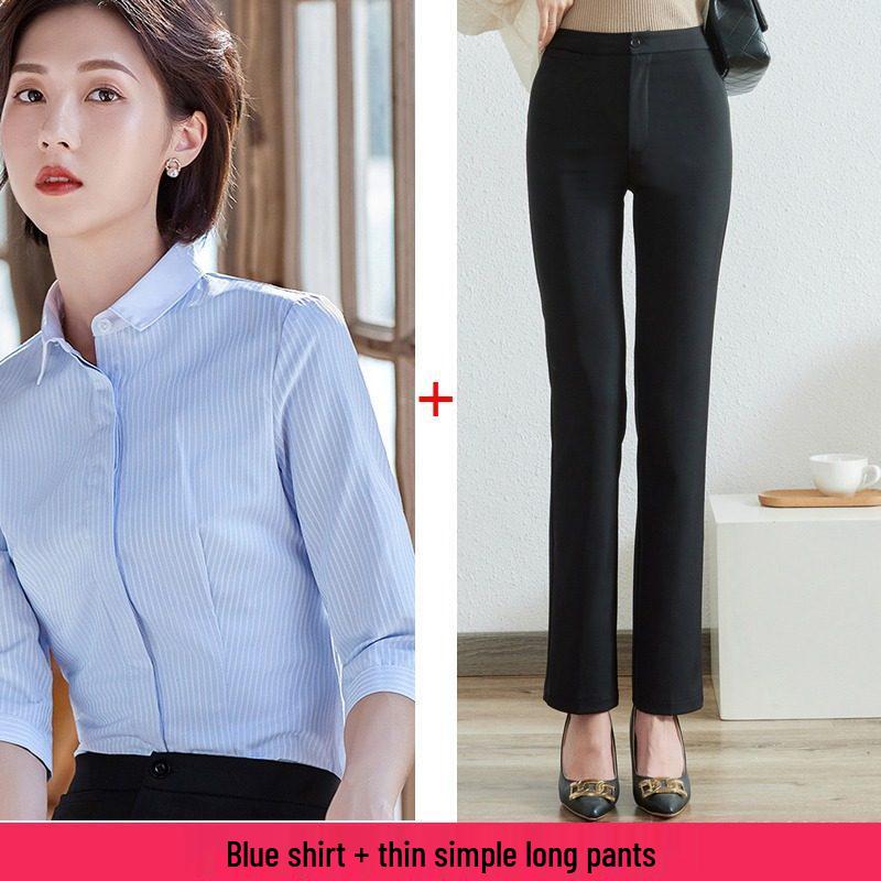 Women's Blue Striped Slim-Fit Work Shirt with Mid-Length Sleeves for Spring/Summer