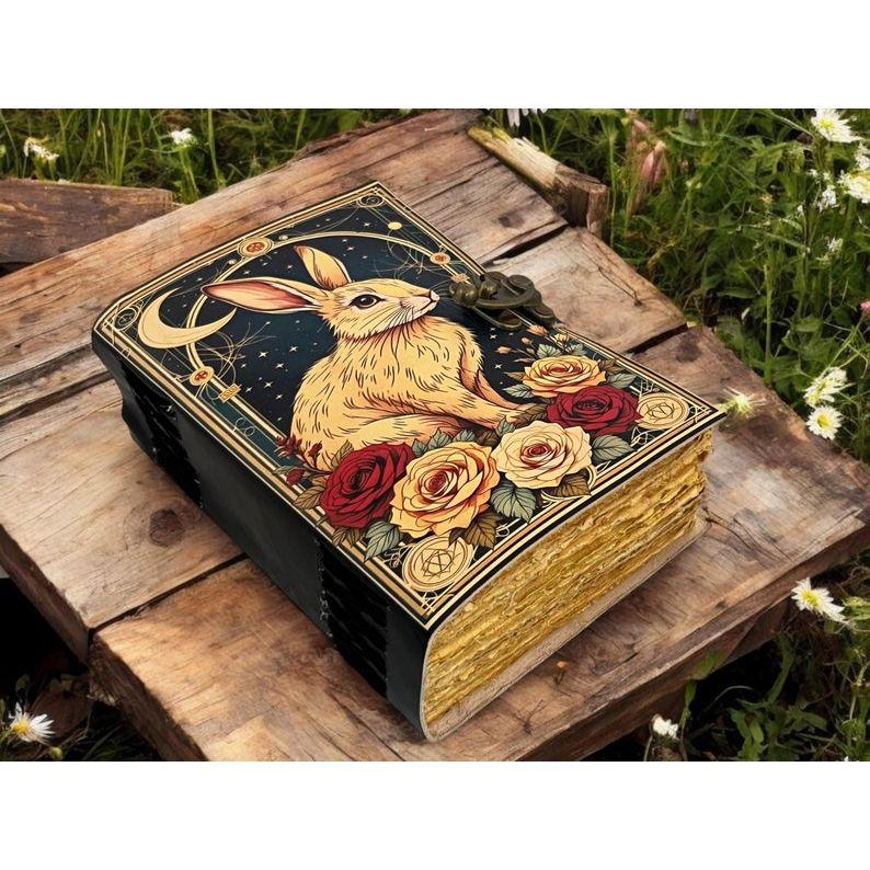 Rabbit Grimoire Leather Journal Notebook Journal for Women - Fat Journal Handmade Deckle Paper Notebook Journal for Gift