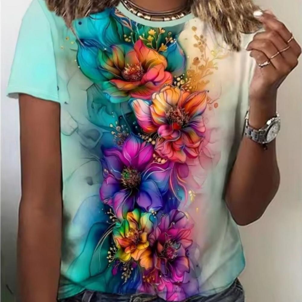 Summer Women's 3D Printed Crew Neck T-Shirt Fashion Versatile Breathable Trend Casual