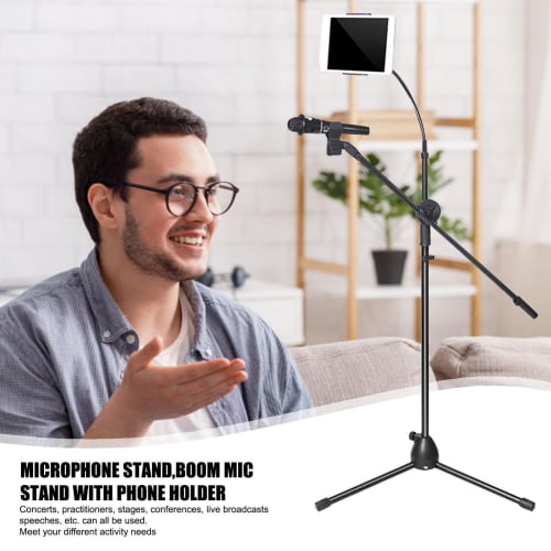 Zynphancer 2-in-1 Microphone Stand Boom, Floor Microphone Tripod, Height Adjustable 75-150cm, with Cell Phone Holder, Bendable Hose, Durable Steel Pip
