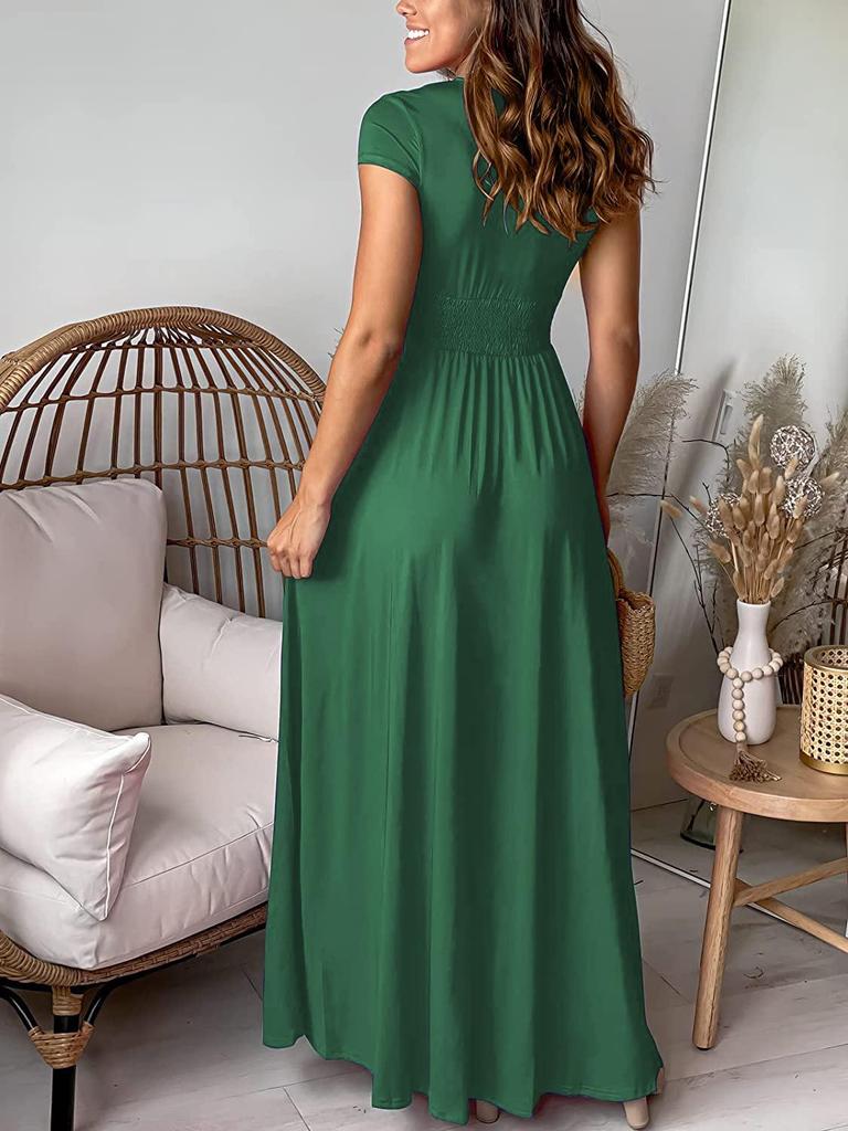 Women's V-Neck Short Sleeve High Waist Evening Gown with Ruched Slit