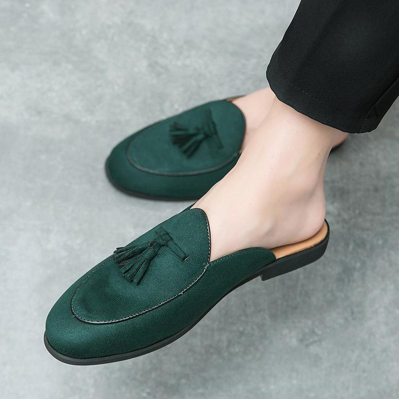 Large Size Spring and Autumn New Half-drag Leather Shoes Fashionable British Style Men's Doudou Shoes Trendy One-pedal Fringed Shoes