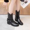 First-layer Cowhide Knight Boots 2025 Autumn and Winter Medium Tube Thin Boots Thick-soled Velvet Locomotive Martin Boots