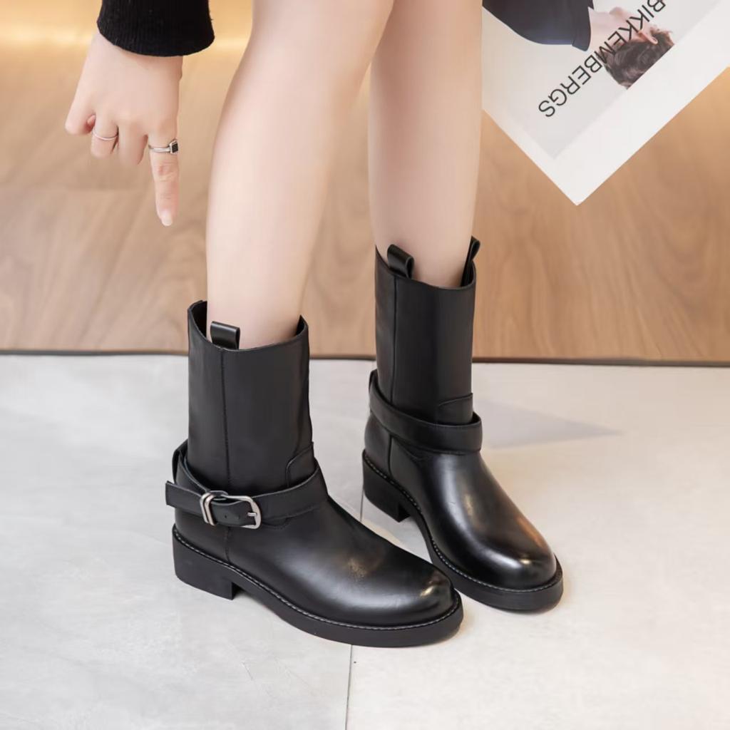 First-layer Cowhide Knight Boots 2025 Autumn and Winter Medium Tube Thin Boots Thick-soled Velvet Locomotive Martin Boots