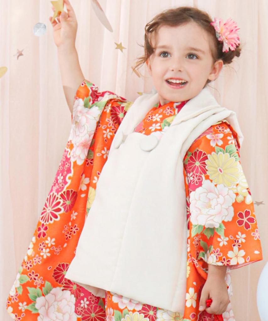 753 Kimono Set for Includes Hifu and Plain Hifu and Full Set Orange Blossom [KYOETSU] 3-Year-Old Girls, Cloth, Accessories, (10. Echo, 90-100cm)
