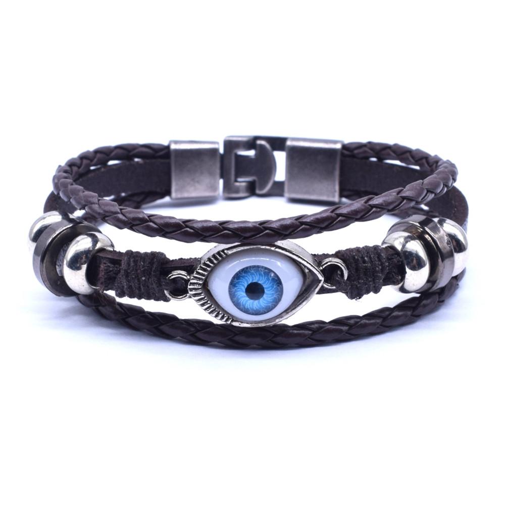 Hot Sale Black & Brown 20.5cm Hand made Leather Bracelet Men Women Evil Eye Bracelet Fashion Vintage Beads Jewelry