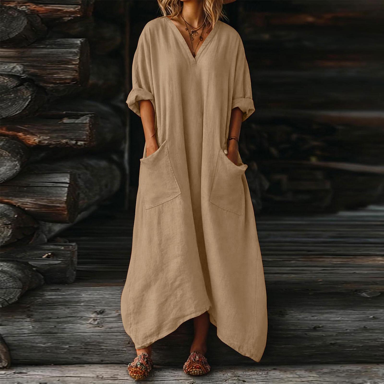 

Women s V-neck Long Dress With Pockets M бежевий