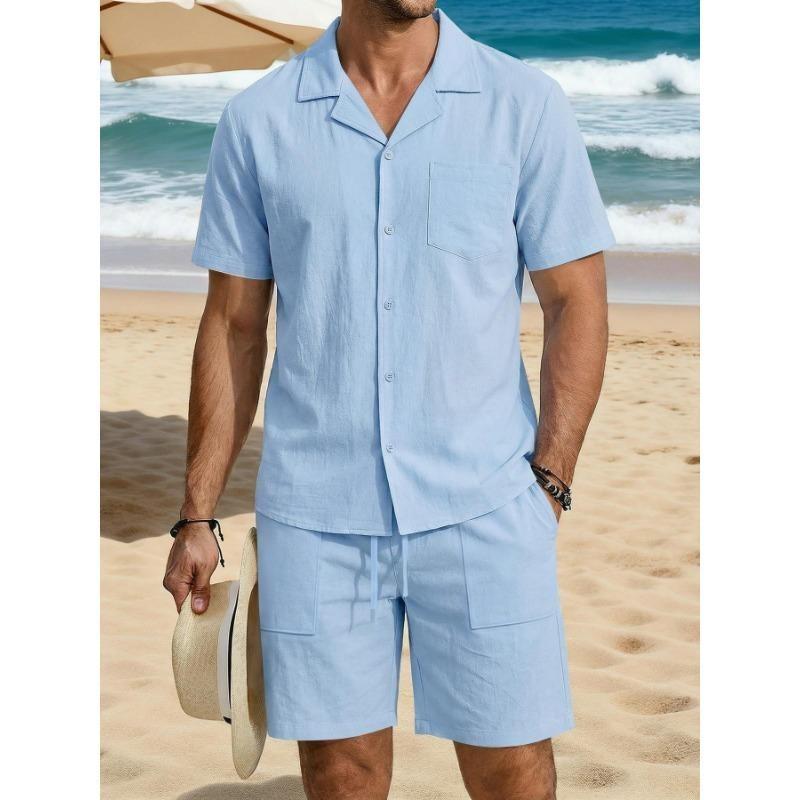 Mens Casual Linen Short Sleeve Shirt And Shorts Set