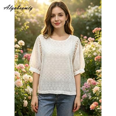 Koreanische Mode Sommer Damen Weiße Baggy Bluse Rundhalsausschnitt Stickerei Ausgeschnitten Spitze Hemd Ballonärmel Elegantes Feminines Oberteil