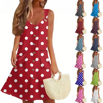 Sommerkleid für Damen mit Tasche, ärmellos, mit Punktemuster