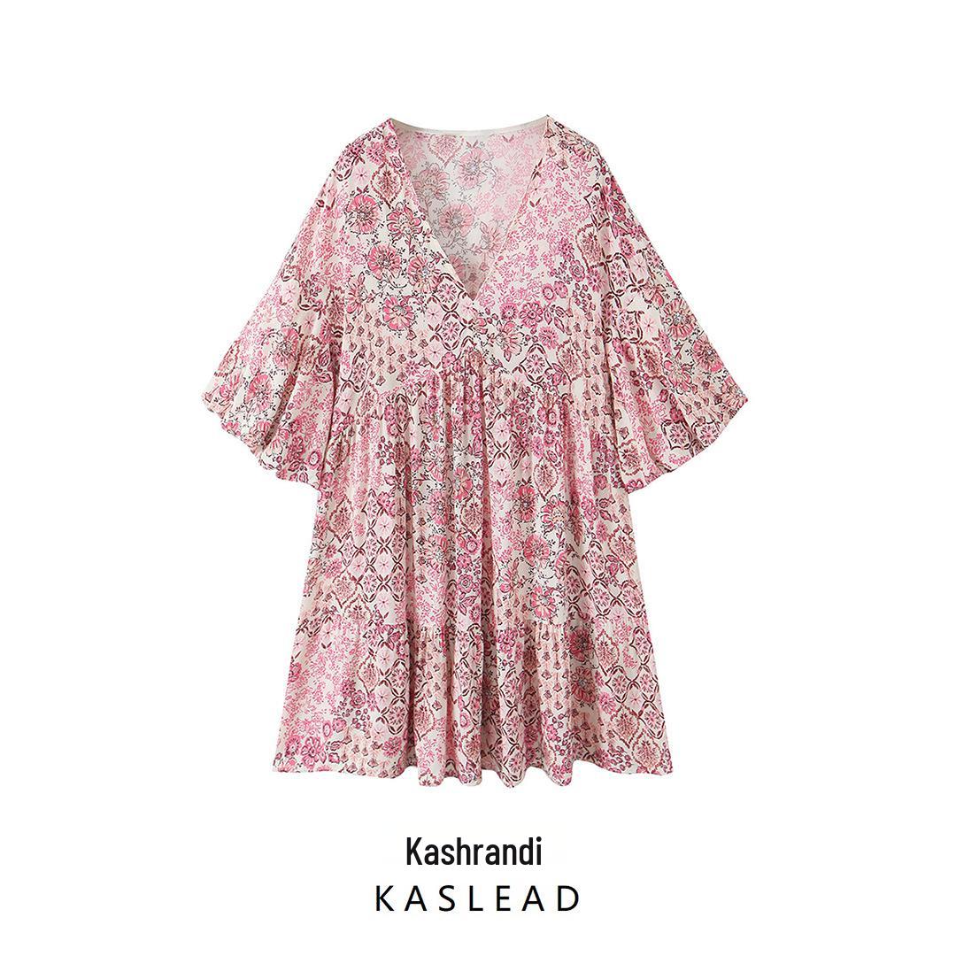 

2025 Spring Women s European & American Casual Puff Sleeve Print Dress Extra Small