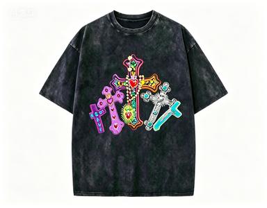 2026 new Washed Cotton Tshirt with Colorful Cross Print Casual Gothic Streetwear Top