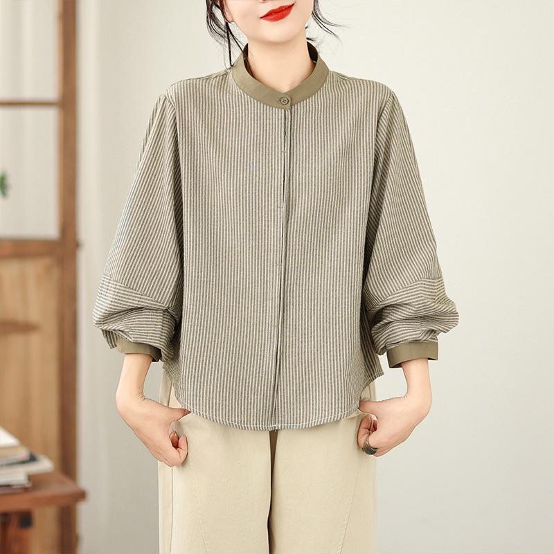 Four Seasons 2026 Artistic Retro Striped Cotton Linen Shirt for Women - Plus Size & Versatile. L