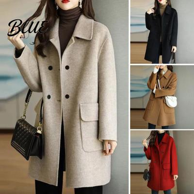 Women Overcoat Solid Color Lapel Collar Mid-Length with Buttons Loose-fitting Woolen Coat Keep Warm Polyester Winter Double-Breasted for Lady