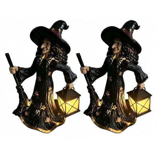 Halloween Home Decor 2Pcs Witch Night Lamp, Holding Lantern Figurine with Gothic Sculpture LED, Glowing Resin Statue for Tabletop Led Lighted