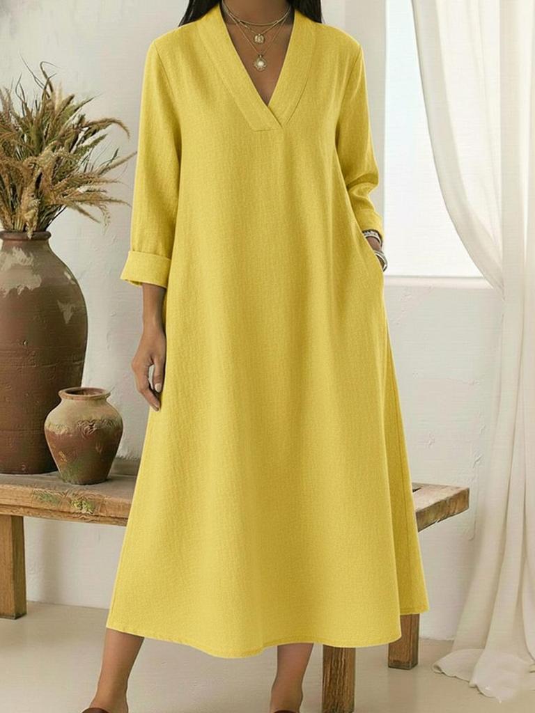 Spring Casual V-neck Cotton Linen Long Sleeve A-line Maxi Dress