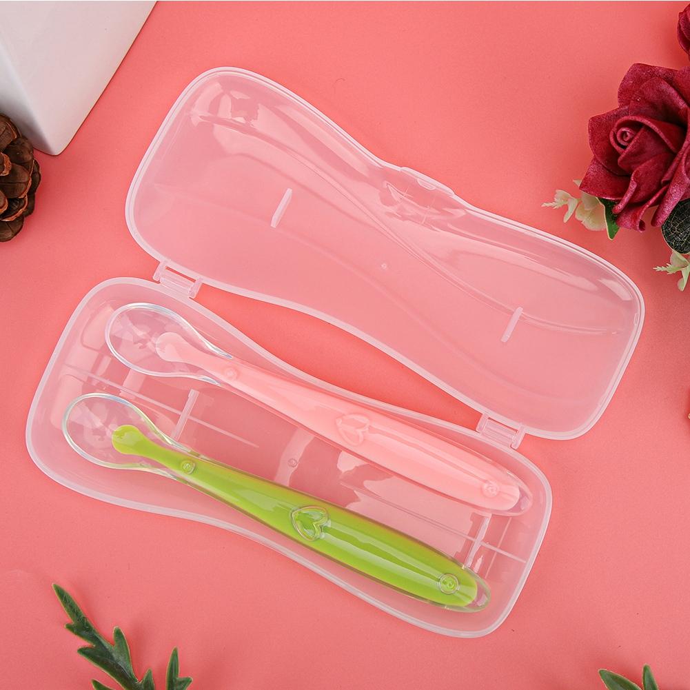 2PCS/Set Silicone  Soft Tip Spoons for Babies Over 4 Months Old with Box (Green and Pink)
