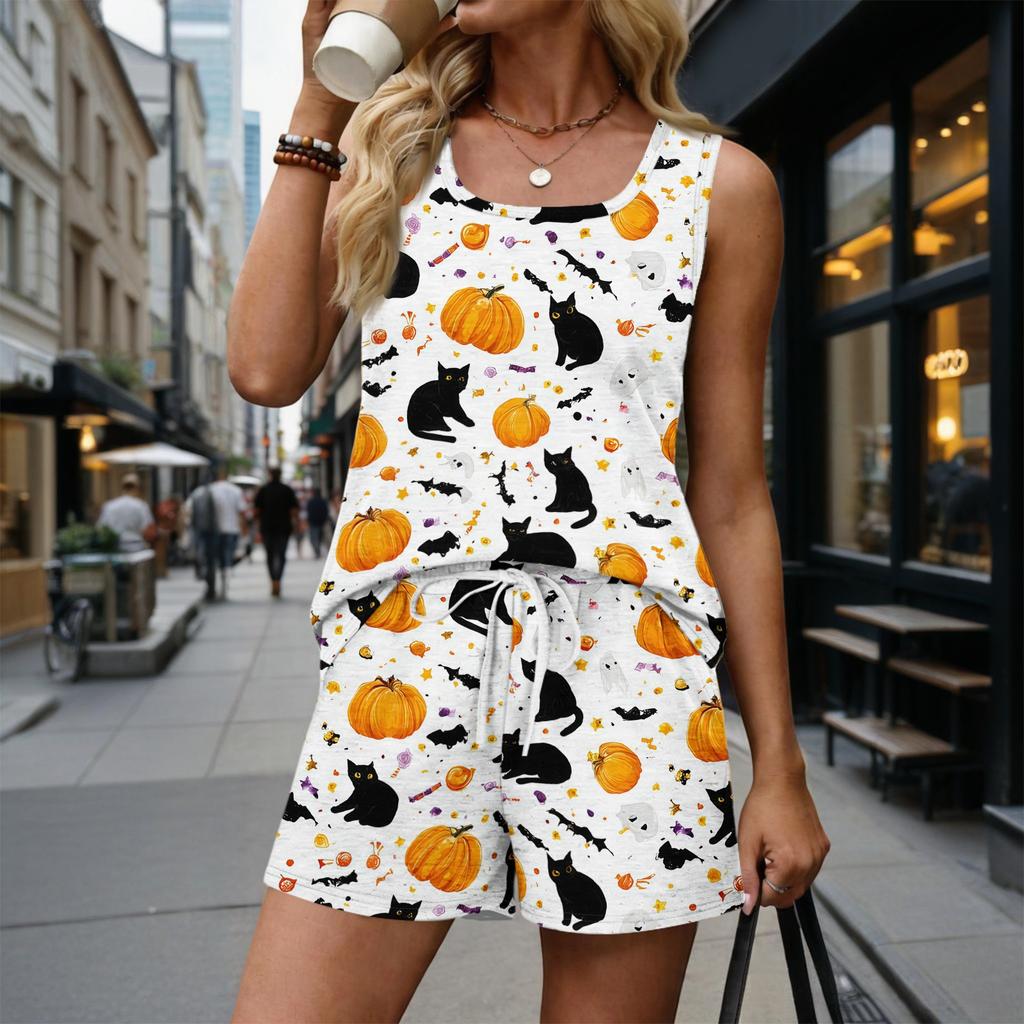 Women Summer Casual Two Piece Set Sleeveless Tank Top with Square Neck and Printed Shorts with Pockets Lightweight Lounge Wear