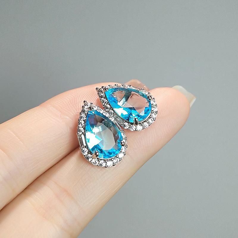 Water Drop Shaped Imitation Emerald Stud Earrings Light Luxury Yellow Zirconium Sea Blue Treasure White Gold High-End Earrings
