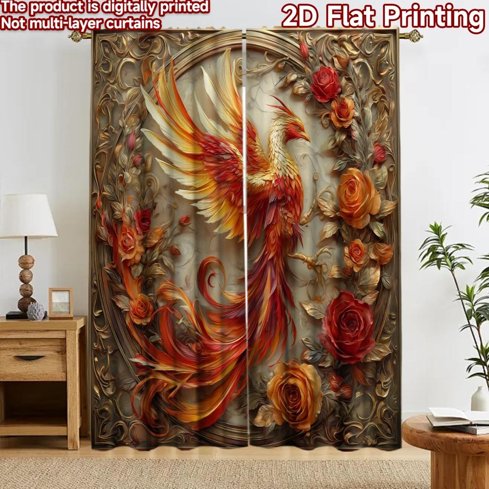 2D Flat Printing 2pcs Curtain Curtains Phoenix with Fiery Roses Digital Printed Polyester Drapes Family Party Decoration for