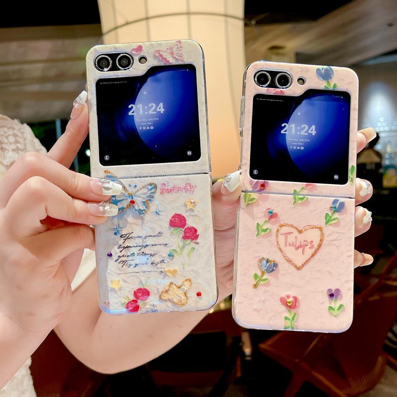 

2 шт. складной чехол IMD для телефона Samsung Z Flip5 Flip4 Flip3 с красивым принтом бабочки и цветка, тонкий, жесткий, ударопрочный, прозрачный чехол Samsung Z Flip5
