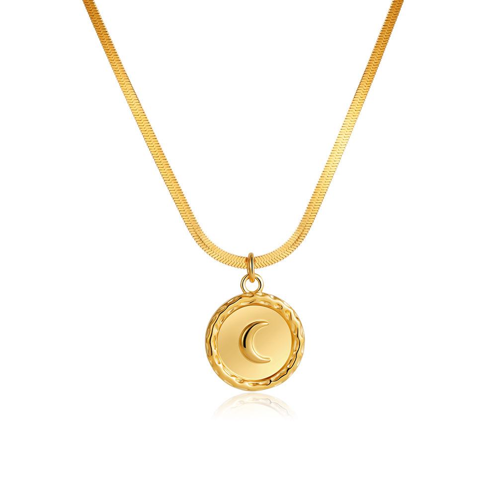 Stainless Steel 18K Gold Moon Pendant Necklace Simple Snake Bone Chain Collarbone Chain Round Square Tag