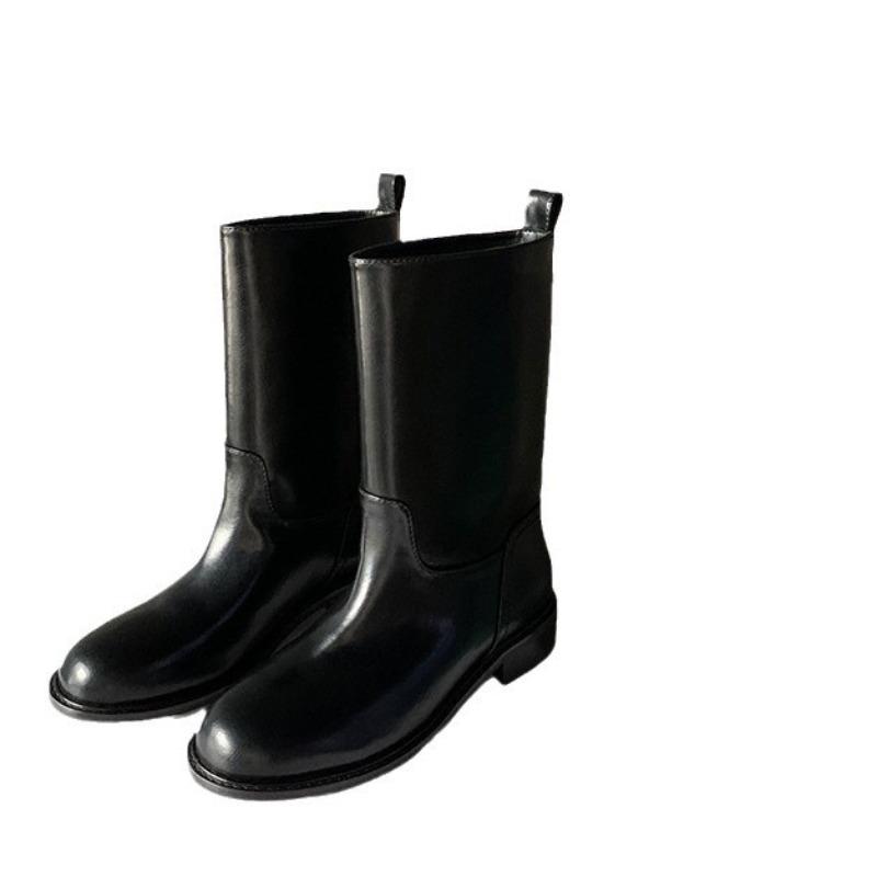 Retro black boots autumn thin new wide mouth medium tube cigarette boots with skirt knight short boots