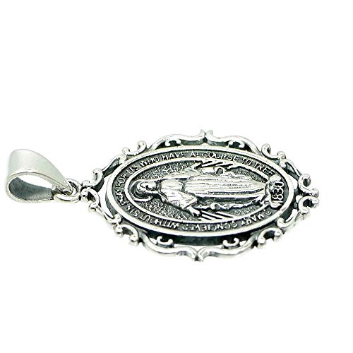 Silver One Sterling Silver 925 Miraculous Medal Virgin Mary Antique Pendant Top for Men, 1/4 Inch (mm), Arabesque Design