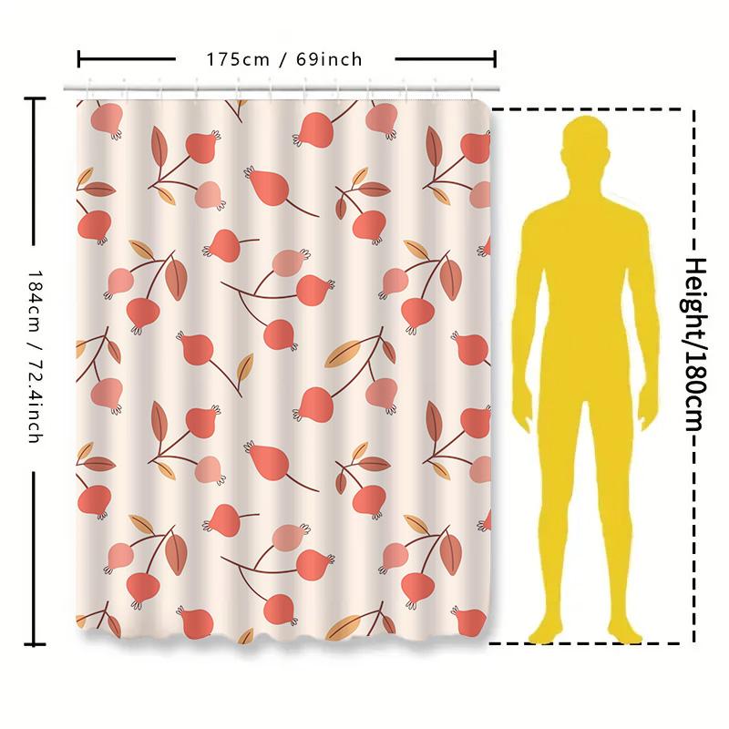 Modern Floral Fruit Print Shower Curtain Waterproof Bathroom Decorative Liner Red Apple Design (230X185Cm)