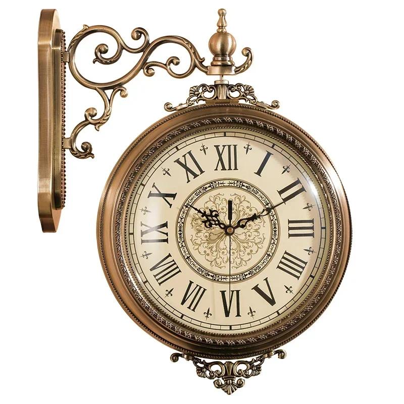 European Luxury Double Sided Wall Clock Unique Living Room Chinese Watch Large Vintgae Quiet Roman Kitchen Clock Wall GiftD7O5F7
