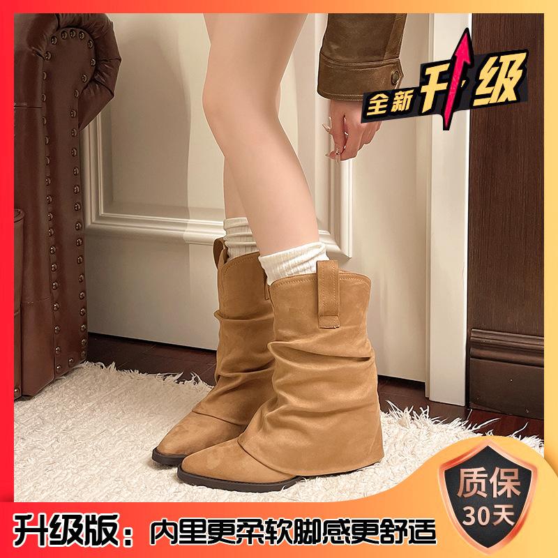 

2025 new pointed thick heel suede western cowboy boots wide tube boots women s high heel pant tube boots stacking boots fashion boots 42