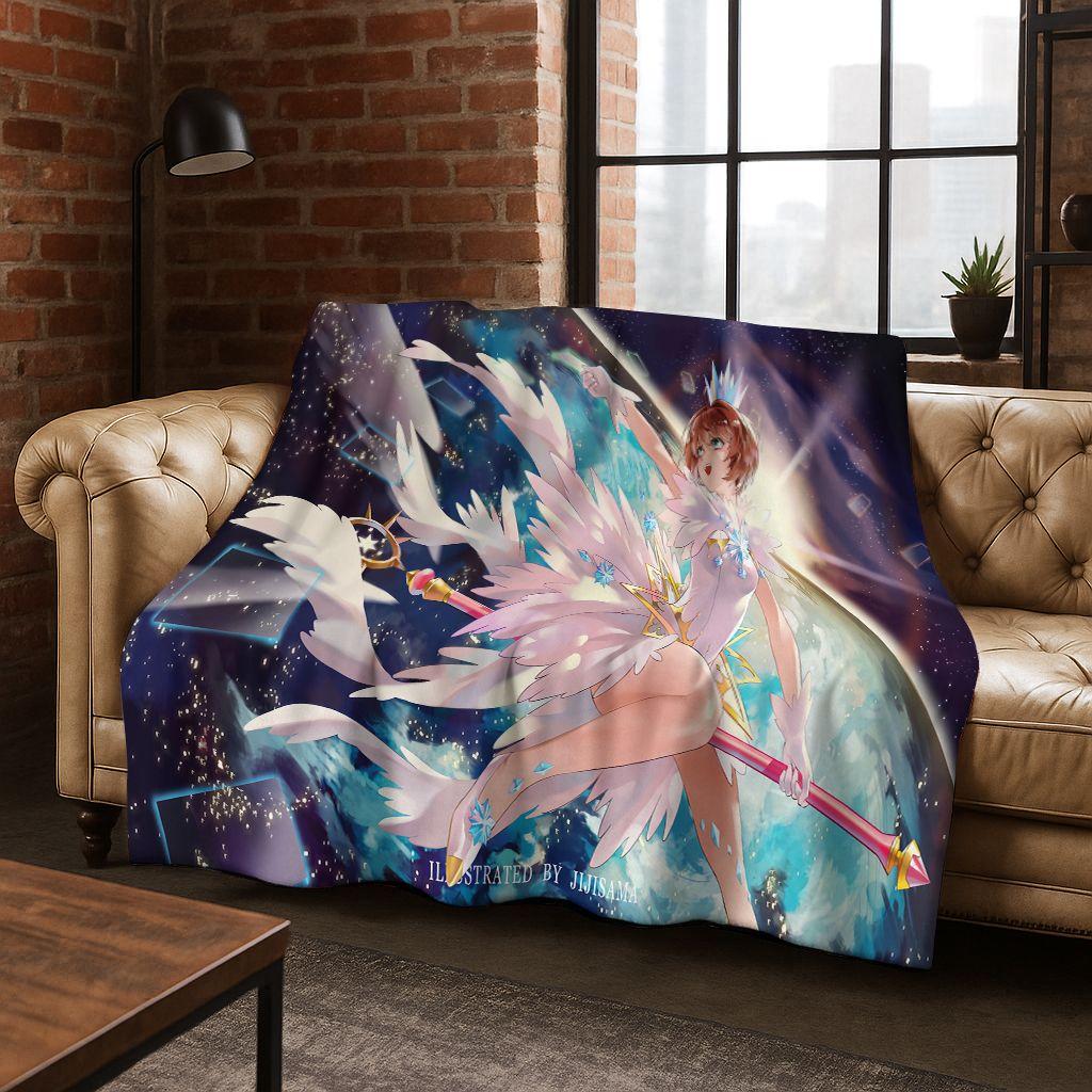 Cute Cartoon Card Captor Sakura Magic Girl Anime Art Flannel Blanket,Cozy Soft Throw Blanket for Home Bedroom Bed Sofa Cover Kid