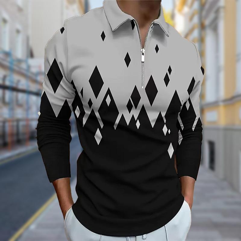 Polo Shirts Men Long Sleeve Falling Diamonds Print New Men's Polo Shirt Long Sleeve Zipper T-shirt Top