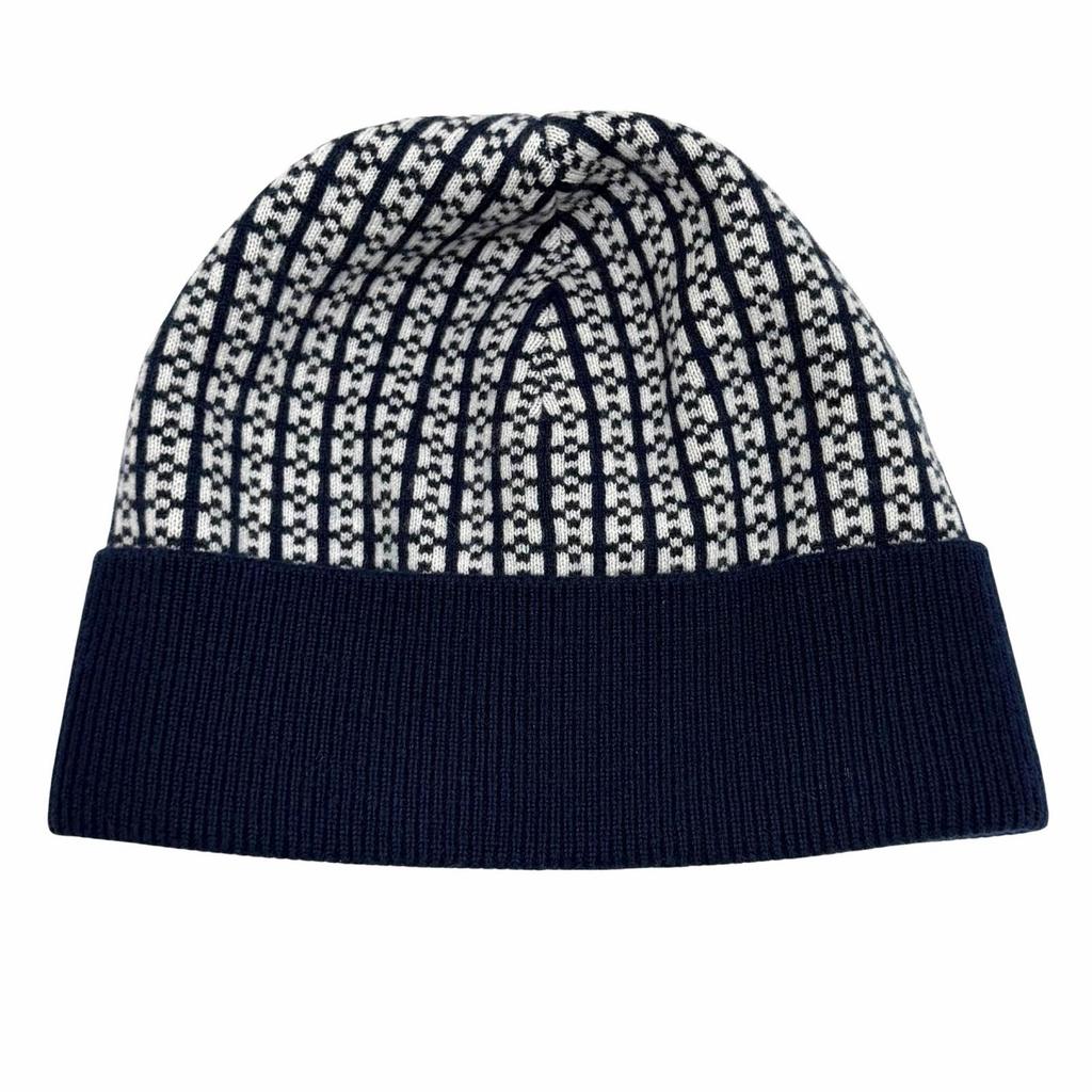 Excellent HERMES Knit cap H232019N H-pattern Hope Beanie Navy cashmere Women M Used